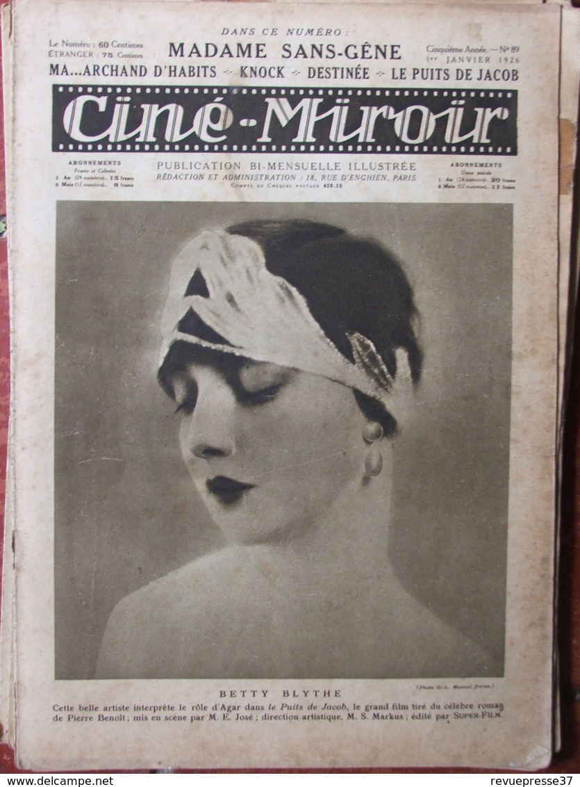 Revue Ciné Miroir N°89 (1er Janv 1926) Betty Blythe - Madame Sans Gêne - Knock - 1900 - 1949