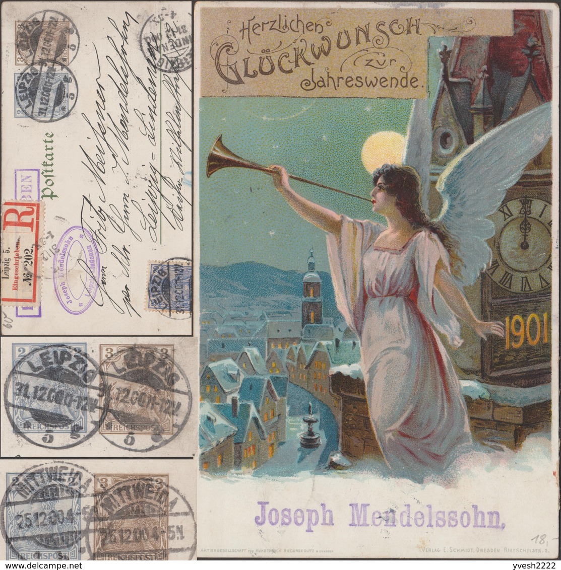 Allemagne 1900 Et 1901. 3 Entiers Timbrés Sur Commande. 1er Et Dernier Jour Du Siècle. Ange, Lune Bombarde Voûte Céleste - Horlogerie