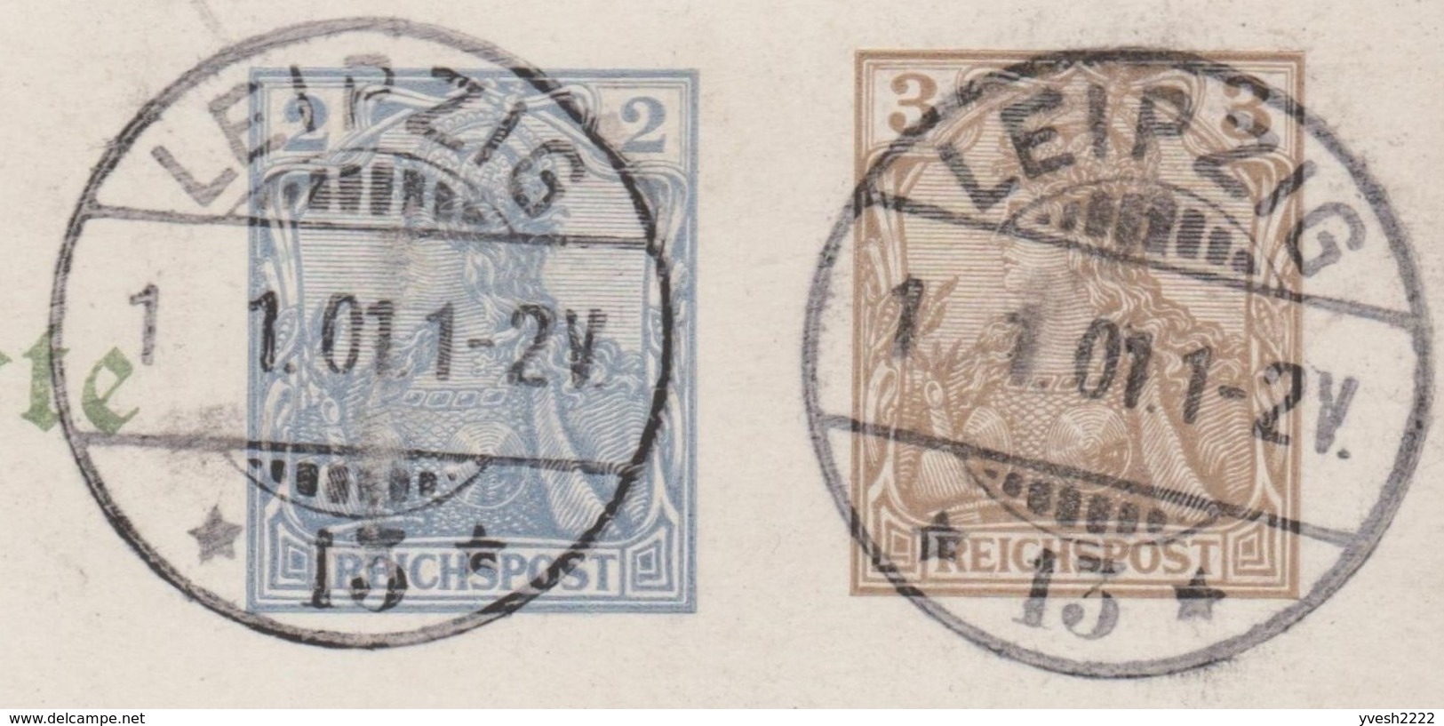 Allemagne 1900 et 1901. 3 entiers timbrés sur commande. 1er et dernier jour du siècle. Ange, lune bombarde voûte céleste