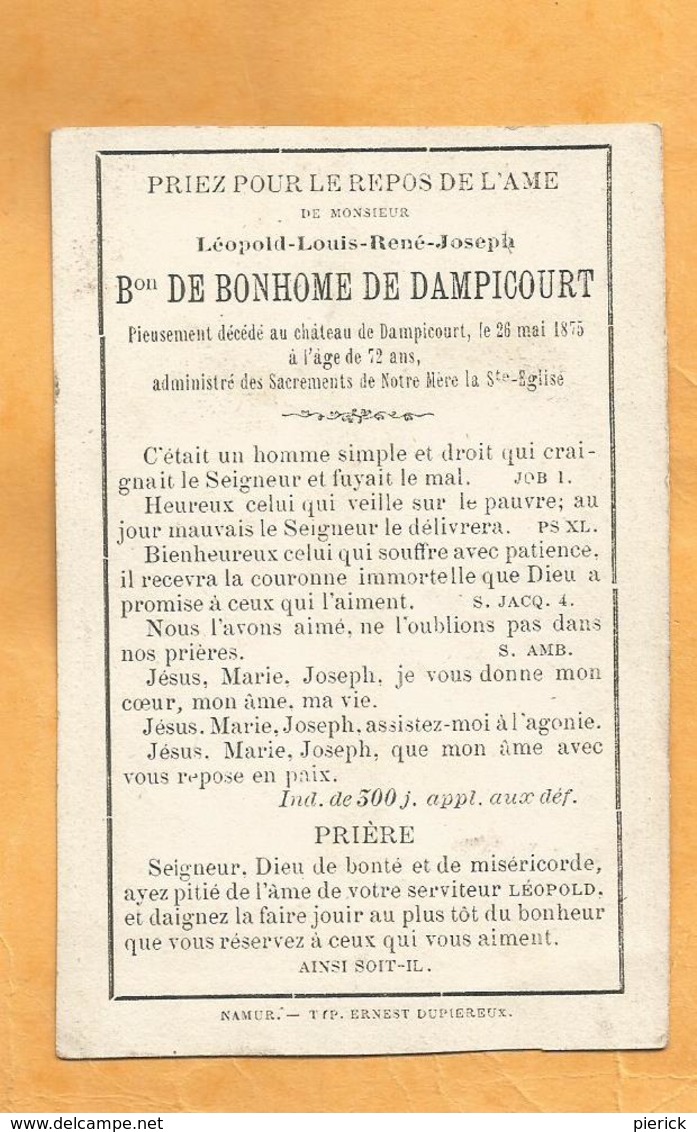 IMAGE PIEUSE GENEALOGIE FAIRE PART AVIS DECES BARON DE BONHOMME DE DAMPICOURT - Obituary Notices