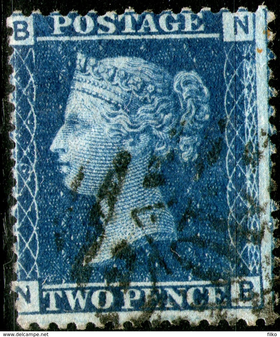 Great Britain,QV,Four Letters, N-B, 2 Penny Blue,SG45,plate:9,cancell:10,as Scan - Used Stamps