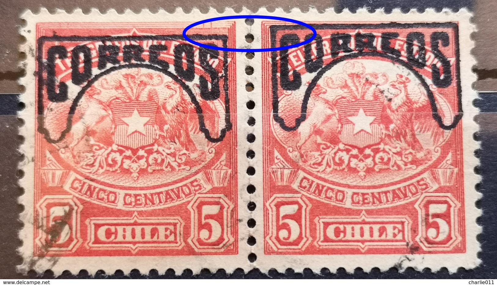 TELEGRAPH STAMP - 5 C-PAIR-ERROR RARE OVERPRINT CORREOS-CHILE-1904 - Chili