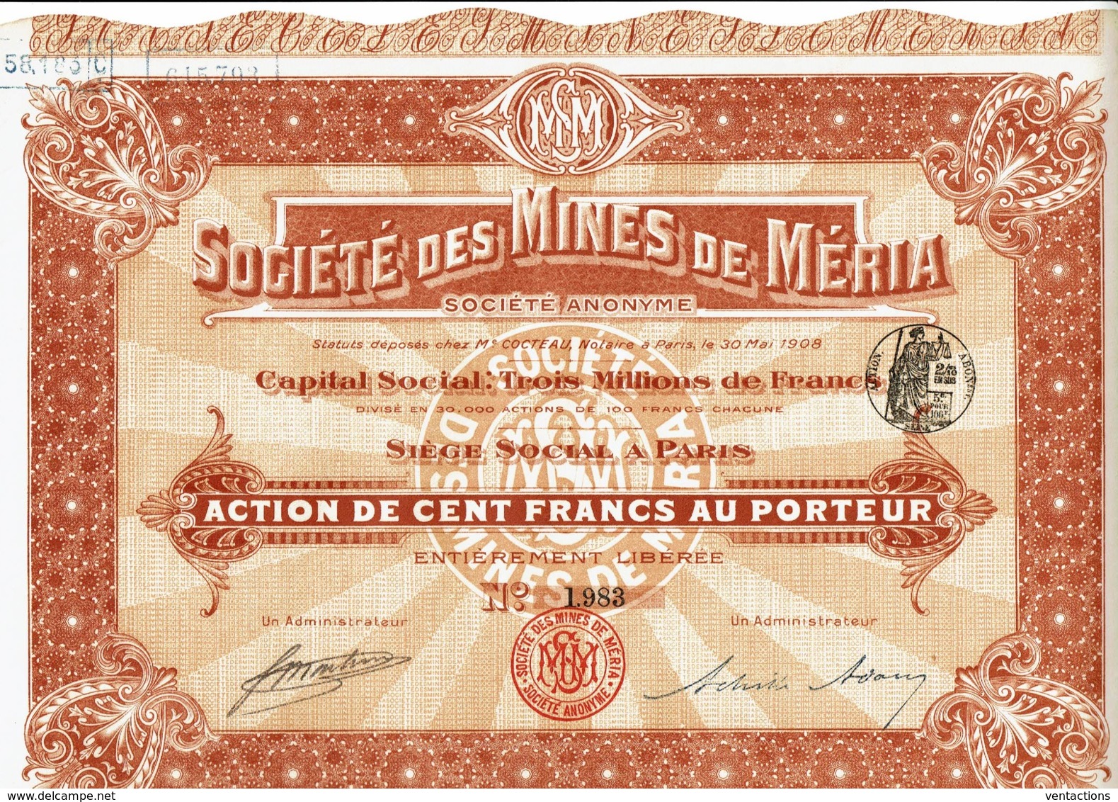 20-MINES DE MERIA. Mines D'Antimoine En CORSE. Action 1908 - Other & Unclassified