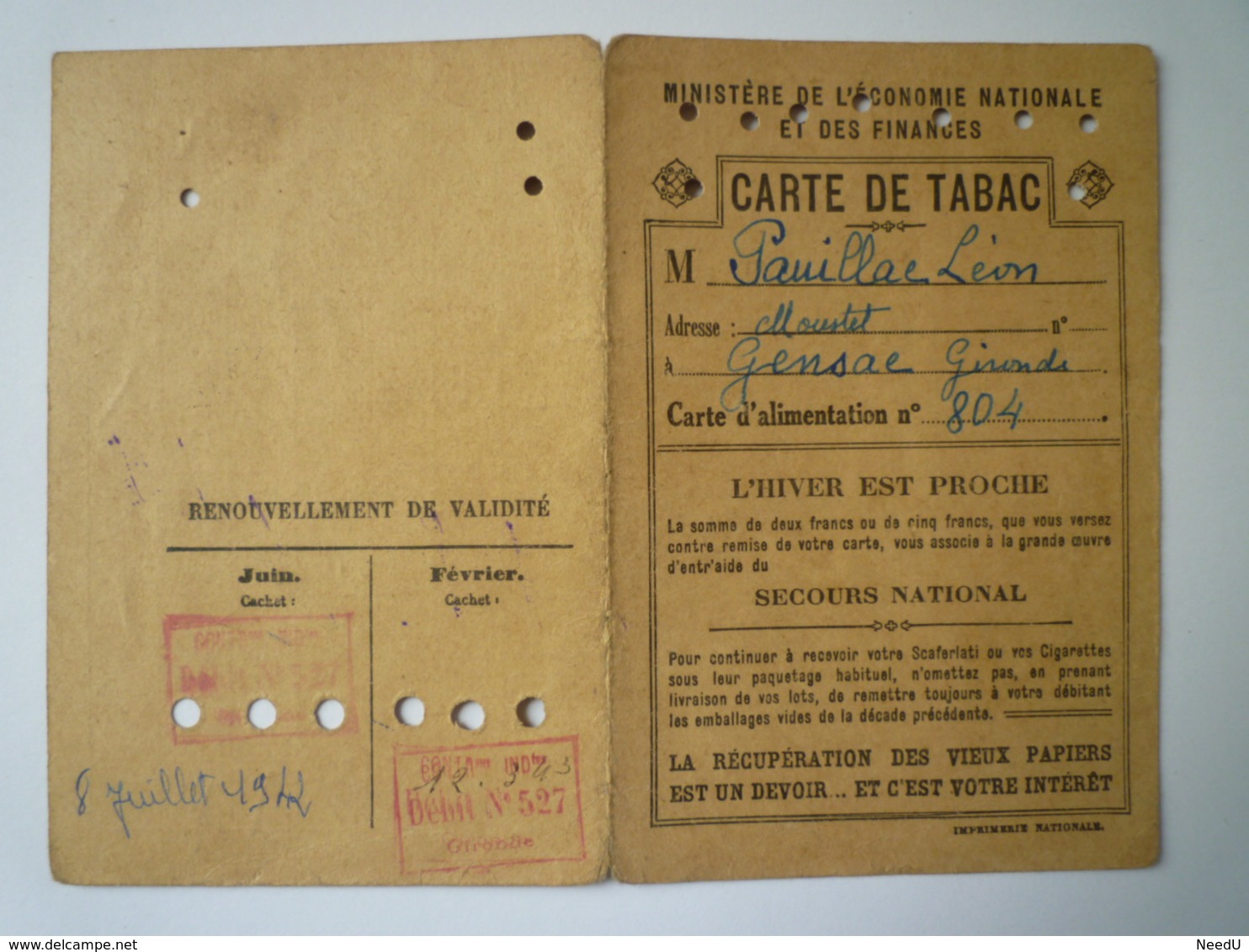 GP 2019 - 1208  GENSAC  (Gironde)  :  CARTE De TABAC  1942    XXX - Non Classificati