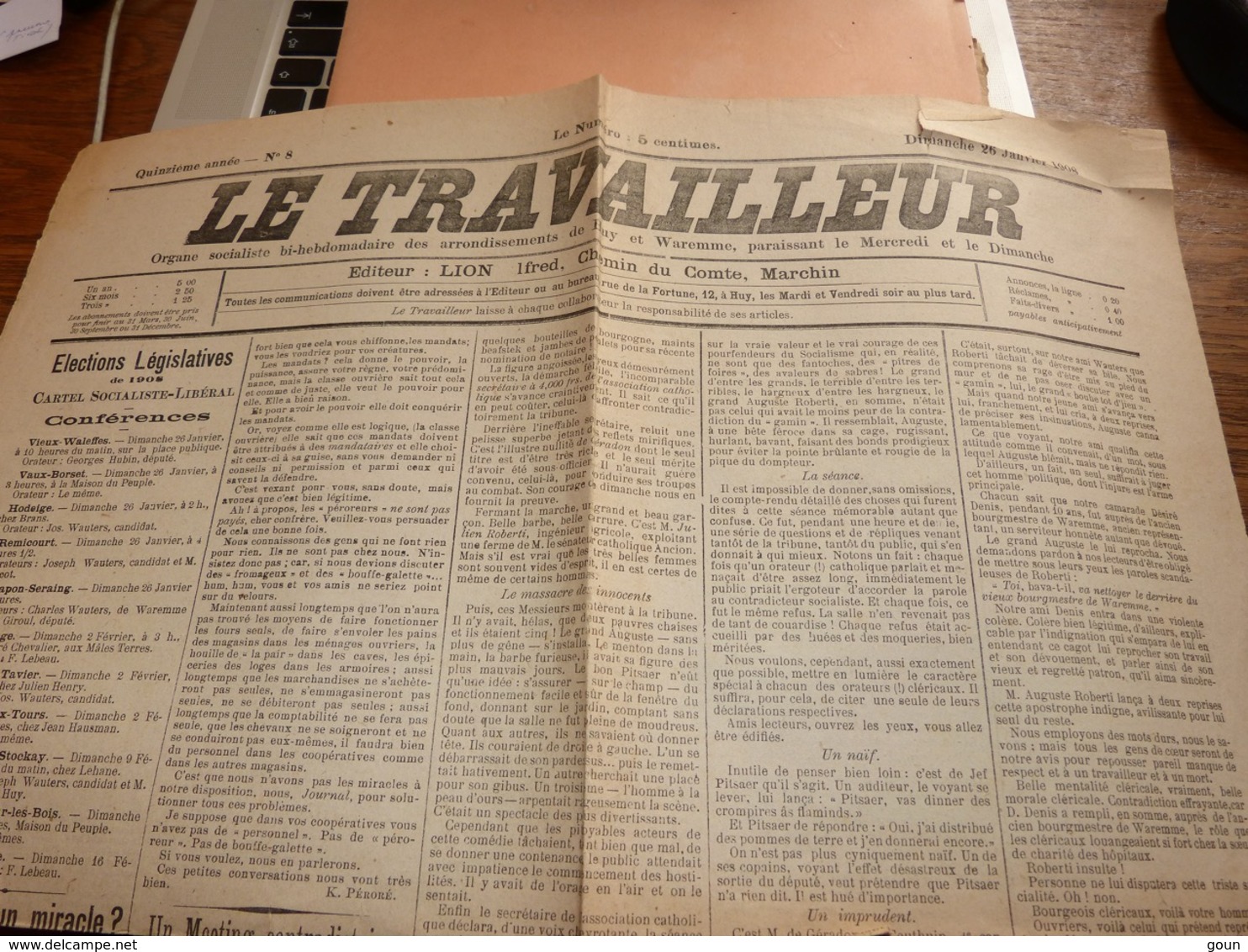 Lot De 3 ères Pages De Journaux Le Travailleur Organe Socialiste Arrond. De Huy Waremme 1906-7-8 - Andere & Zonder Classificatie