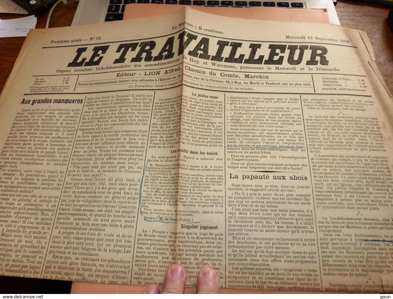 Lot De 3 ères Pages De Journaux Le Travailleur Organe Socialiste Arrond. De Huy Waremme 1906-7-8 - Autres & Non Classés