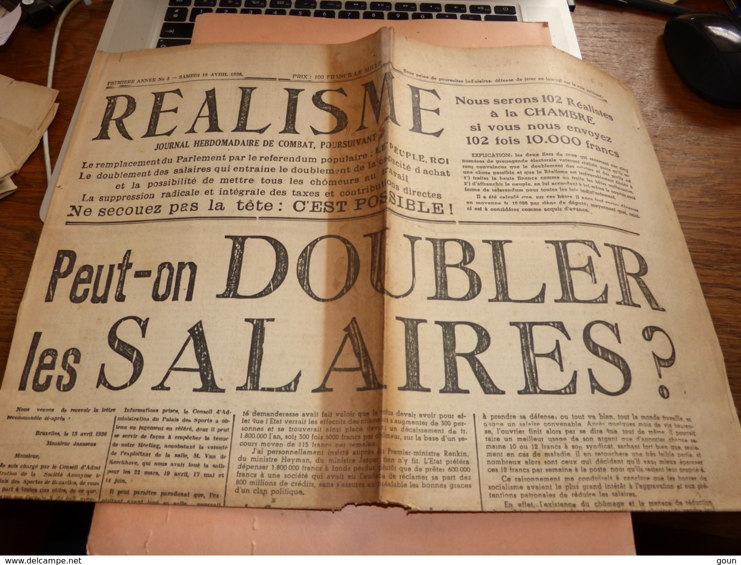 RARE Journal Réalisme 18/4/1936 Organe Du Mouvement Réaliste Article Degrelle Rexisme - Autres & Non Classés