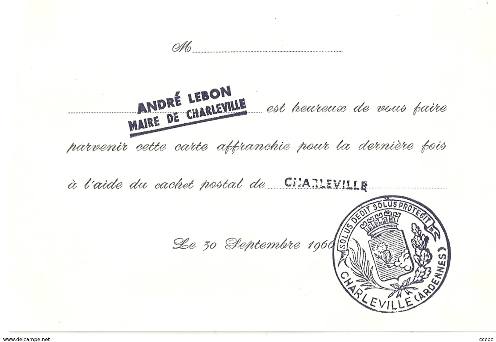 Carte Philatélique Ardennes Charleville Dernier Affranchissement - Other & Unclassified