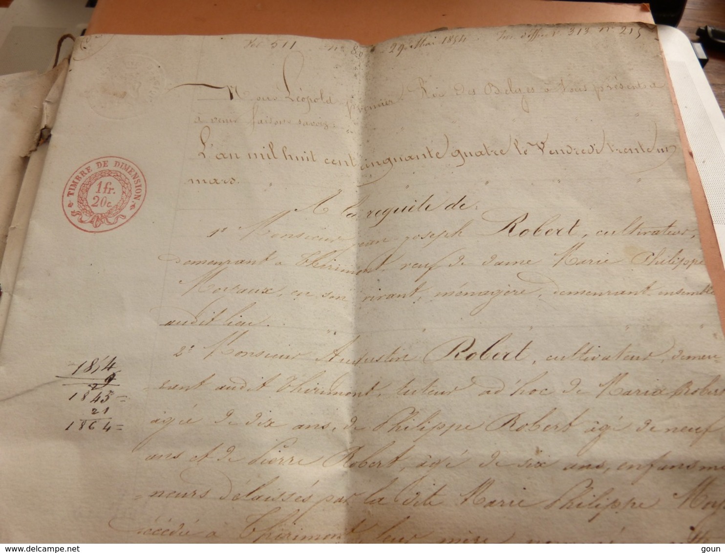 Acte Notarié 29/5/1854 Notaire Dubois Beaumont Familles Robert à Thirimont - Manuscrits