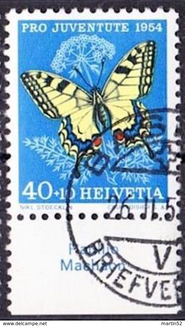 Schweiz Suisse Pro Juventute 1954: Zu WI 157 Mi 606 Yv 557 O BASEL 26.II.55 + Tab Lat "Papilio Machaon" (SBK CHF 25.00 ) - Vlinders
