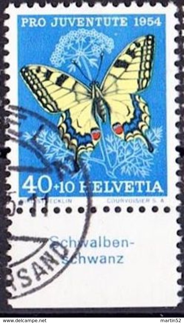 Schweiz Suisse Pro Juventute 1954: Zu 157 Mi 606 Yv 557 O BASEL 26.II.55 Tab Deutsch "Schwalbenschwanz" (SBK CHF 25.00 ) - Papillons