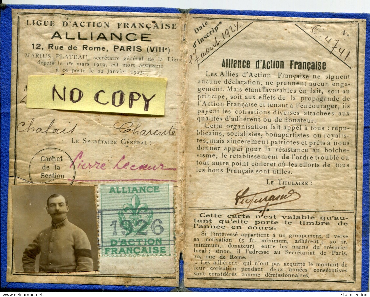 PEU COMMUN ! CARTE 1926 LIGUE ACTION FRANCAISE SIGNEE LECOEUR CHALAIS  MILITARIA ROYALISTE POLITIQUE VIEUX PAPIERS - Other & Unclassified