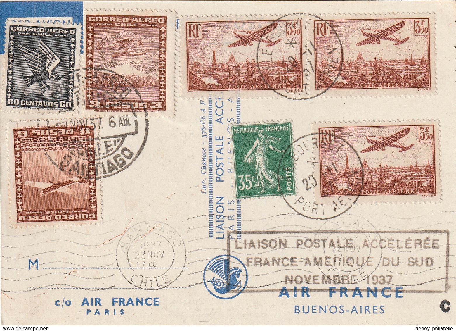 Liaison Postale Accélérée France-Amérique Du Sud 13 Novembre 1937 Sur Carte Air France N° 13 X 2 - 1927-1959 Lettres & Documents