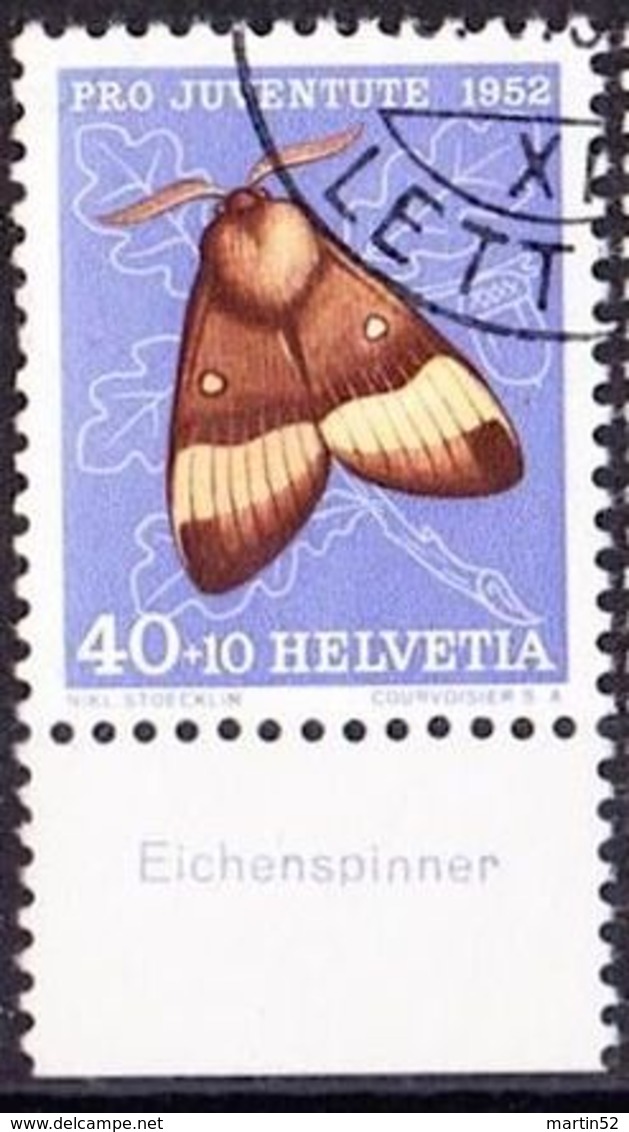 Schweiz Suisse Pro Juventute 1952: Zu 147 Mi 579 Yv 530 O LETT... + Tab Deutsch "Eichenspinner" (SBK CHF 29.00) - Papillons