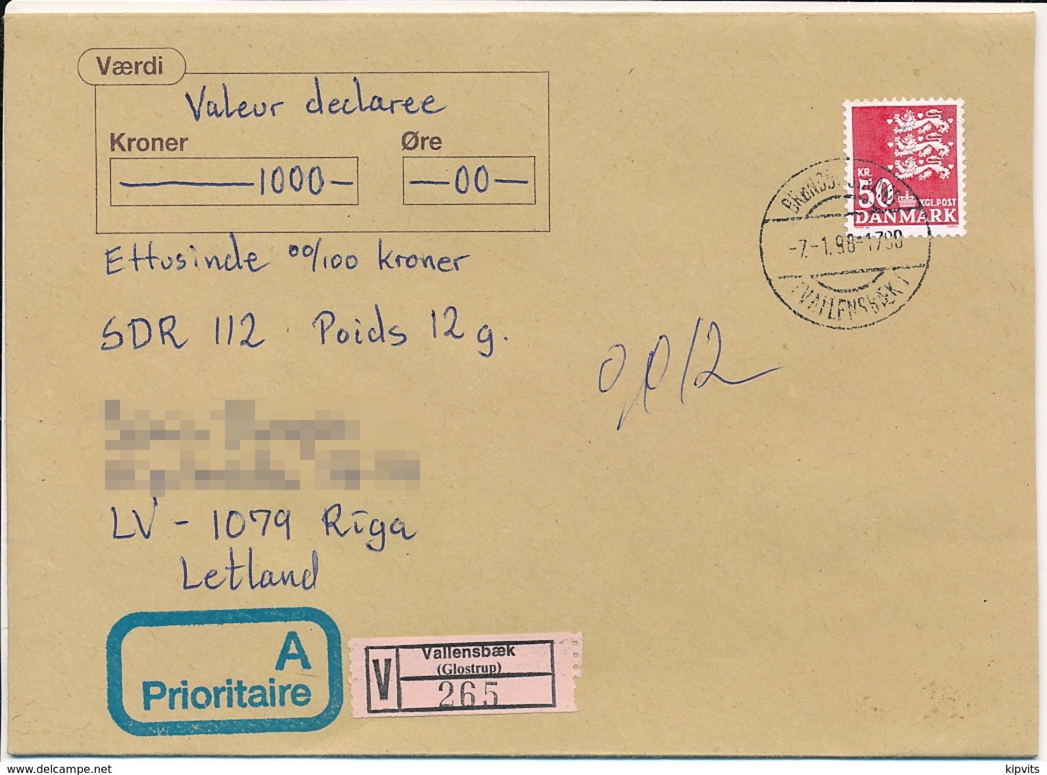 Mi 827 Solo Cover / Valeur Value Wertbrief Værdibrev - 7 January 1998 Brøndby Strand, Vallensbæk To Latvia - Cartas & Documentos