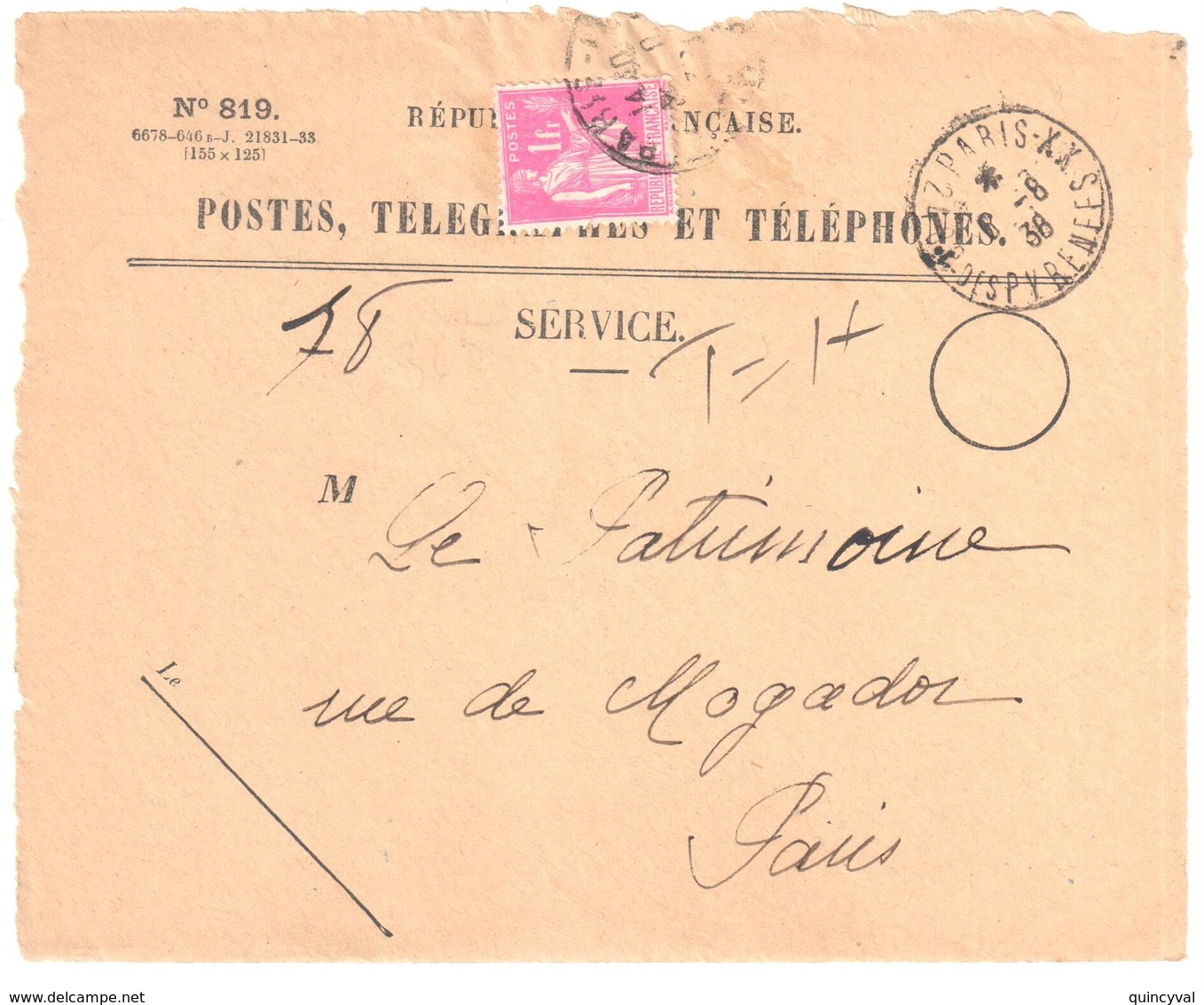 PARIS XX R Des Pyrénées Valeurs Recouvrées Taxe En Timbre Poste Paix 1 F Rose Yv 369 Ob 6 8 1938 Devant - Lettres & Documents