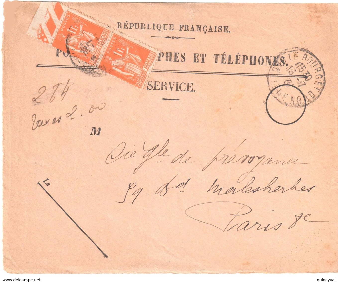 LE BOURGET Banlieue Nord Ob 1937 Devant Enveloppe 819 Recommandée Valeurs Non Recouvrées Taxe 1 F Paix Orange Yv 286 X 2 - Lettres & Documents