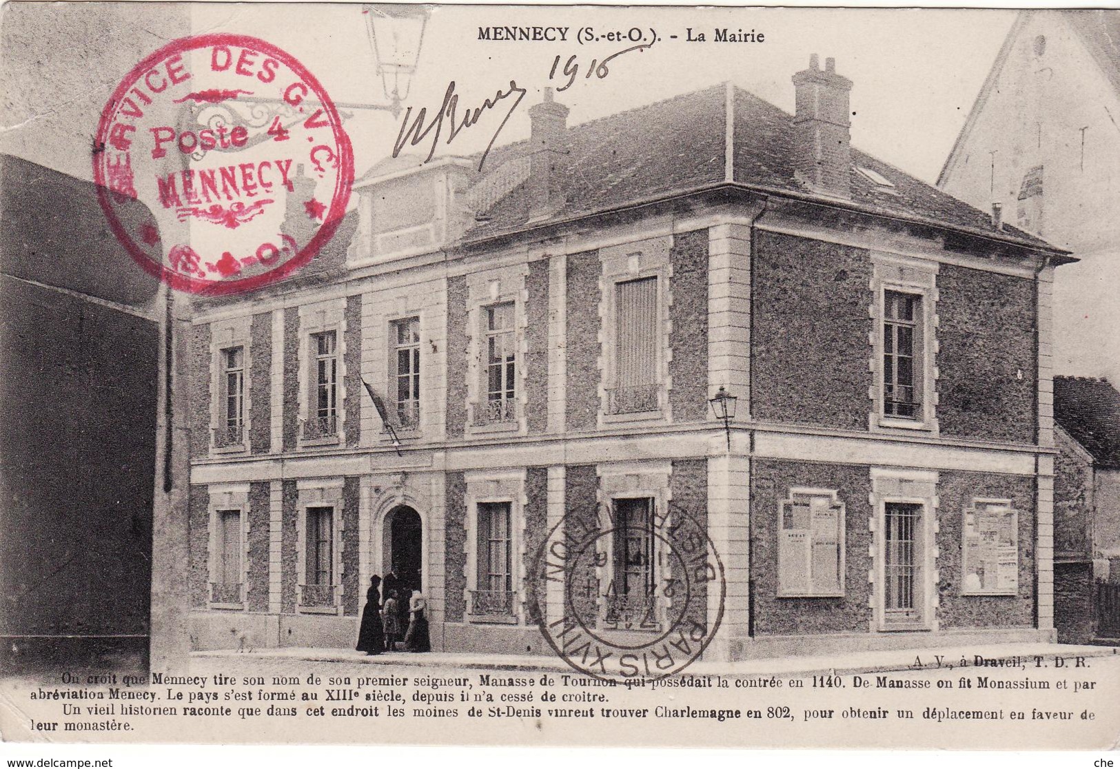 91 Mennecy La Mairie  Cachet Militaire Service Des GVC  GUERRE 14 18 - Mennecy