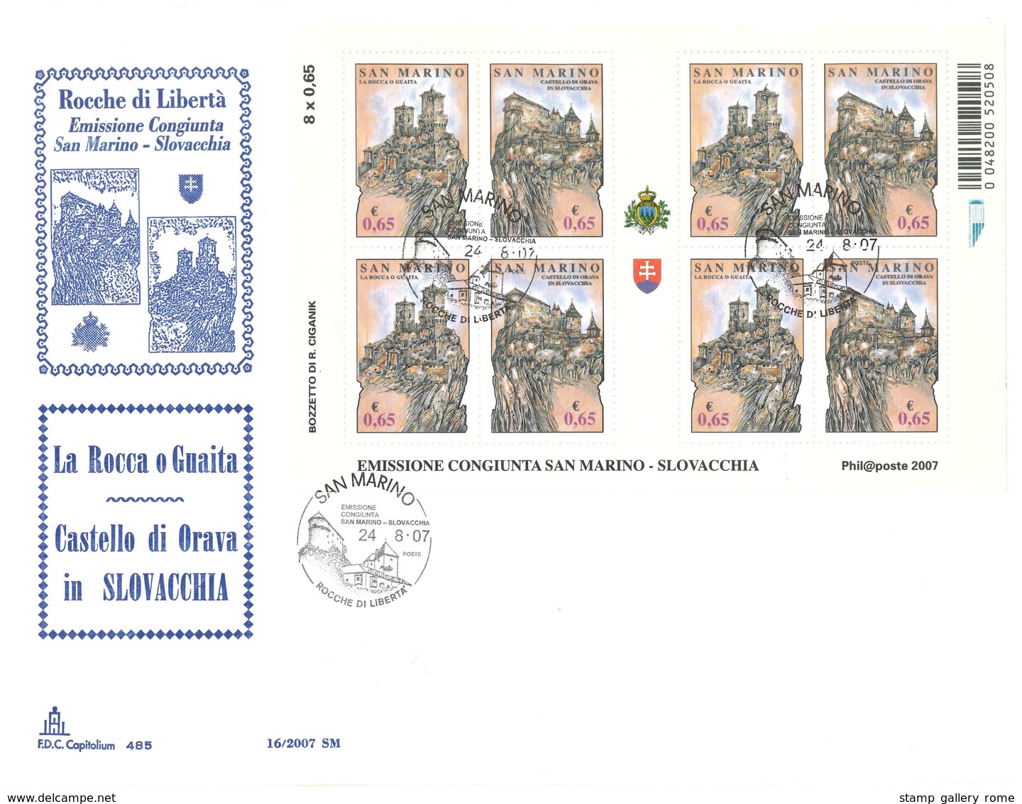 SAN MARINO - ROCCHE E LIBERTA' - FDC BUSTONE FOGLIETTO ANNO 2007 - FDC