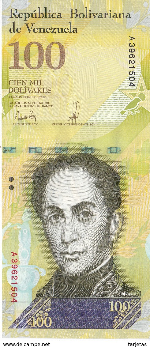 BILLETE DE VENEZUELA DE 100000 BOLIVARES 7 DE SEPTIEMBRE DEL 2017 EN CALIDAD EBC (XF)   (BANK NOTE) PAJARO - Venezuela