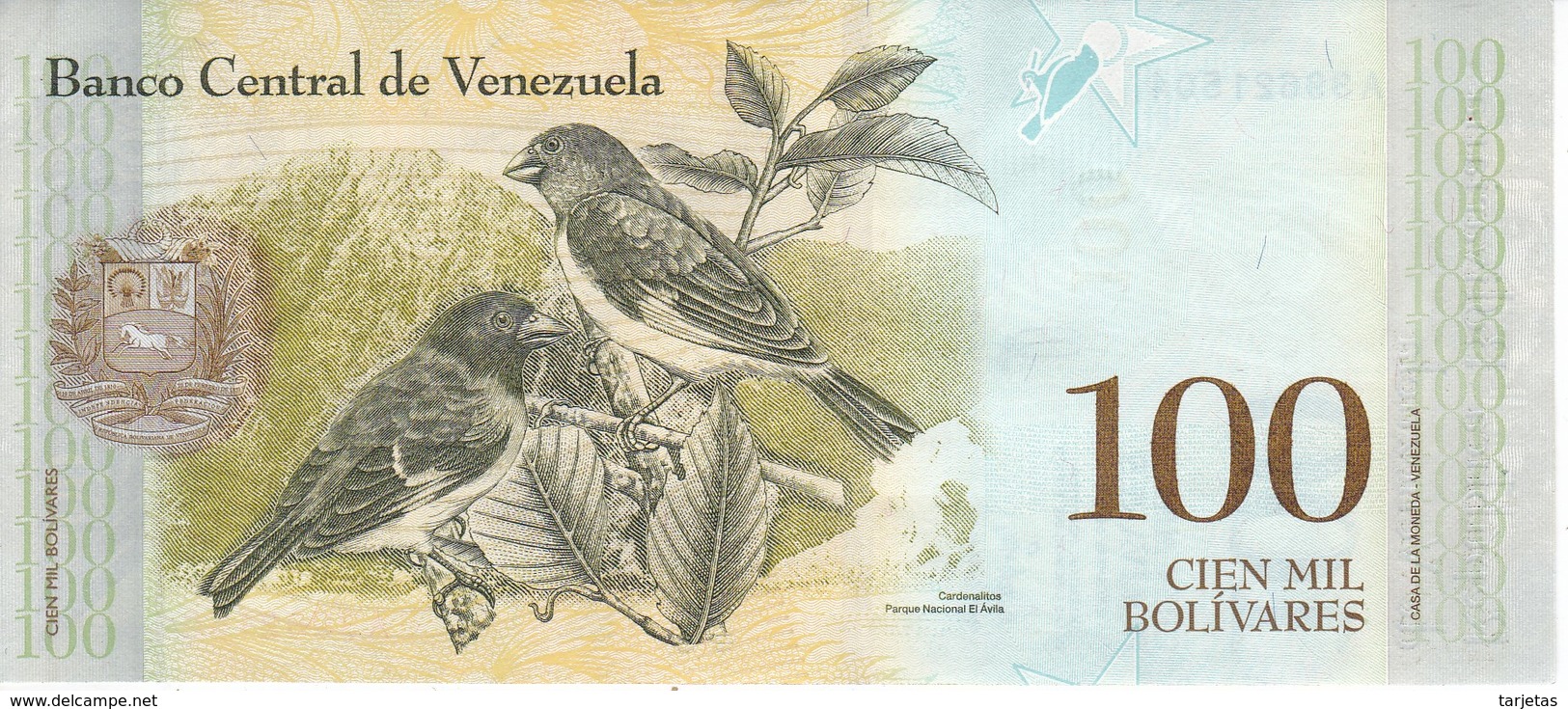 BILLETE DE VENEZUELA DE 100000 BOLIVARES 7 DE SEPTIEMBRE DEL 2017 EN CALIDAD EBC (XF)   (BANK NOTE) PAJARO - Venezuela