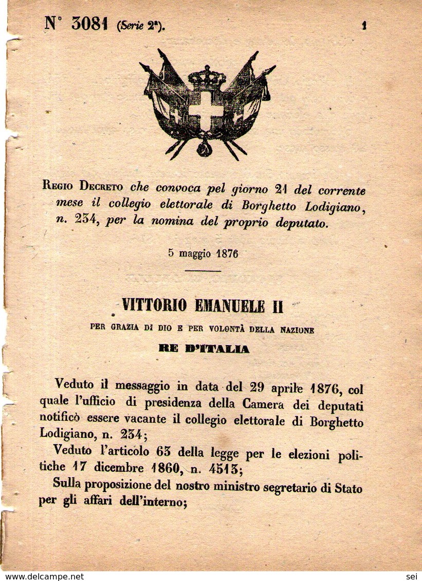 B 2505  -  Regio Decreto, Borghetto Lodigiano, 1876 - Decrees & Laws