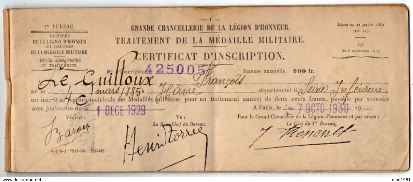 VP14.948 - MILITARIA - PARIS X CRETEIL 1930 - Traitement Médaille Militaire - Livret Avec Photo LE GUILLOUX Né Au HAVRE - Documents