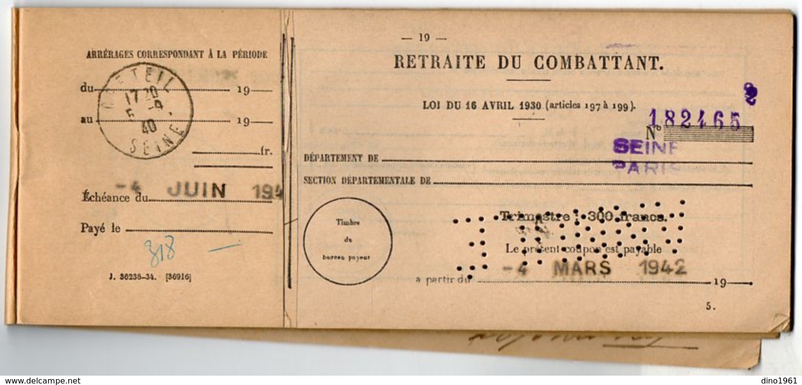 VP14.949 - MILITARIA - CRETEIL X BRUNOY 1940 -  Pensions / Retraite Du Combatant - Livret LE GUILLOUX Né Au HAVRE - Documents