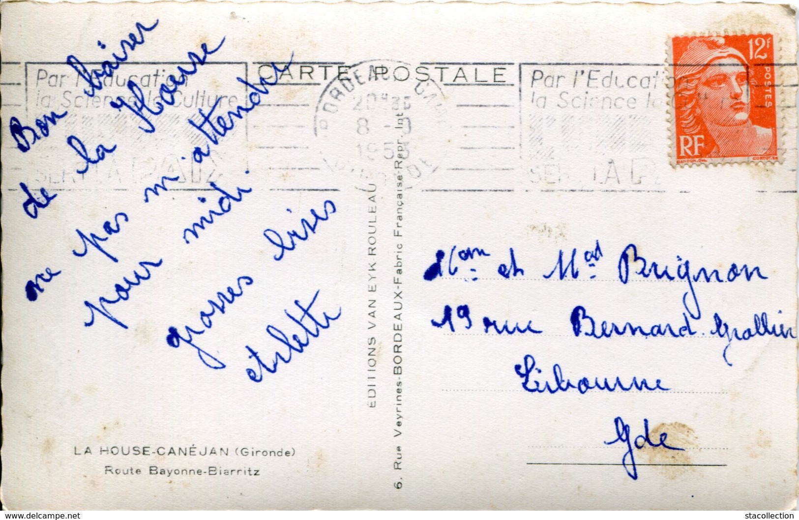 CACHET MARCOPHILIE VOIR DOS ! LA HOUSE CANEJAN 1953 COMMERCES ROUTE BAYONNE BIARRITZ THEMES TIMBRES FRANCE - Autres & Non Classés