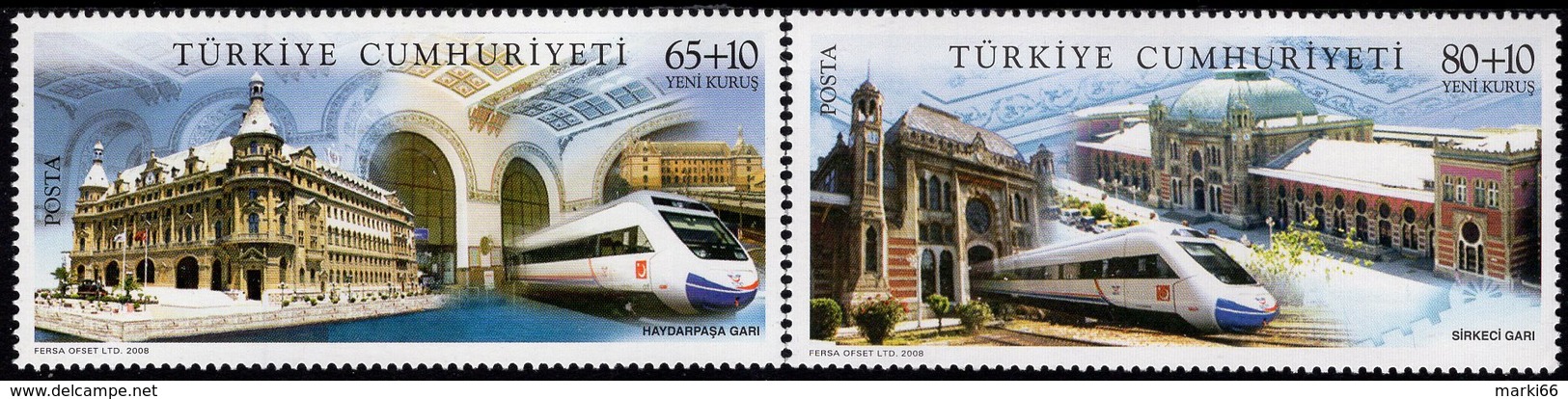 Turkey - 2008 - Railway Station Buildings And Modern Trains - Mint Stamp Set - Unused Stamps