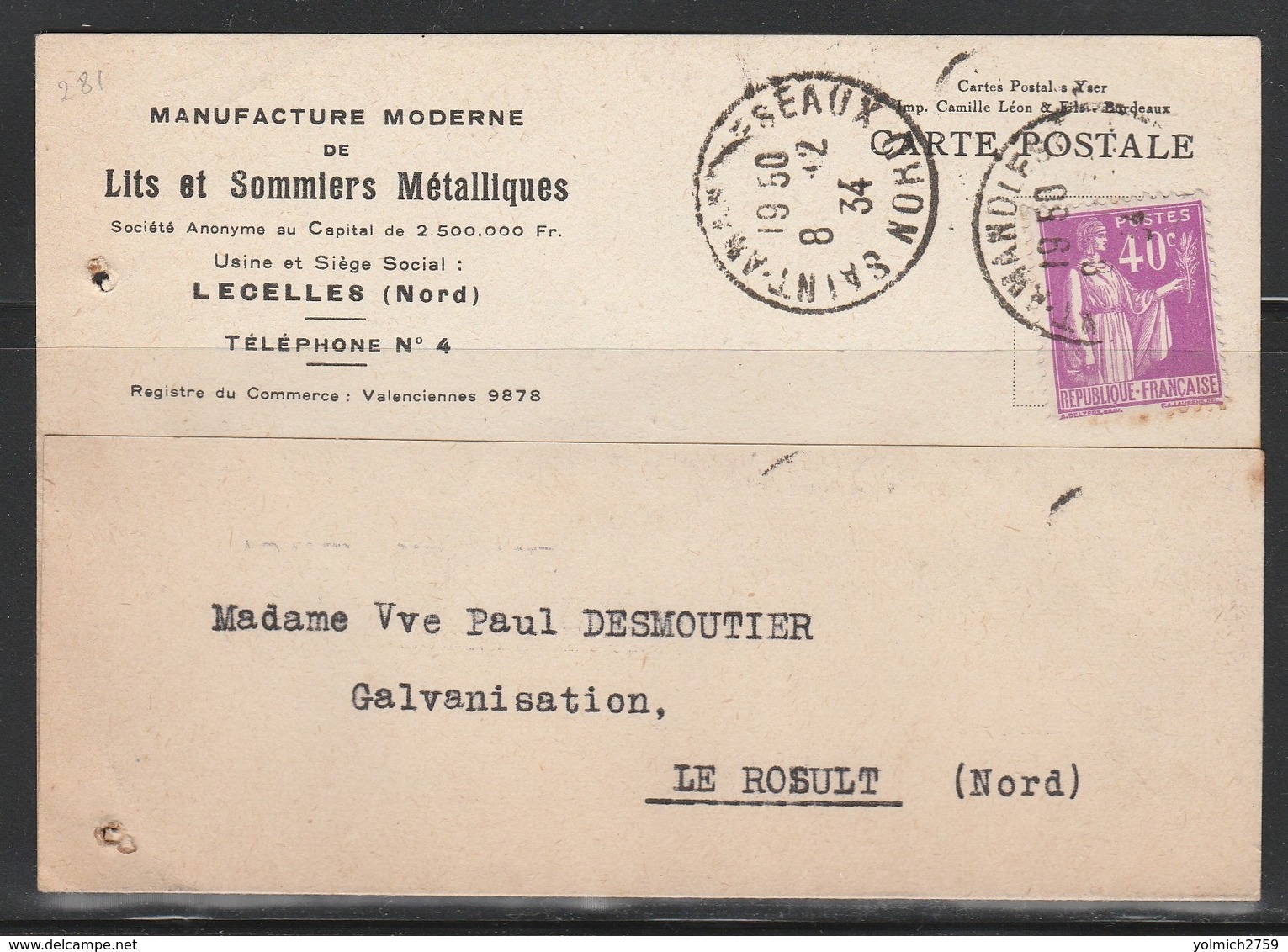 281 S/ CARTE POSTALE - SAINT AMAND LES EAUX 8.12.34 - LITS ET SOMMIERS MÉTALLIQUES - LECELLES - Autres & Non Classés