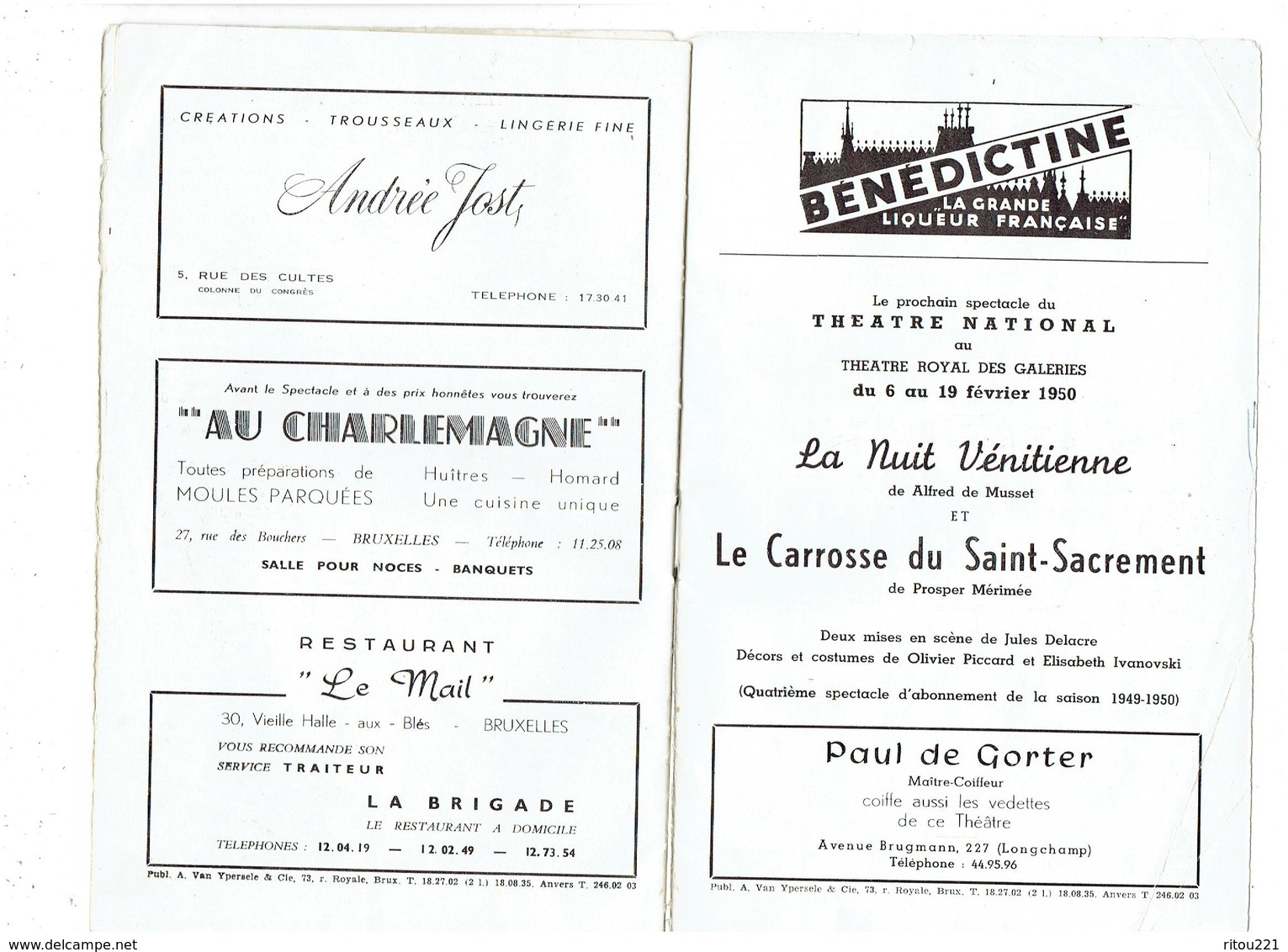 Livret THEATRE ROYAL DES GALERIES Bruxelles SATURNIN FABRE Saison 1949-50 Programme - Cigarettes Tigra - Autres & Non Classés