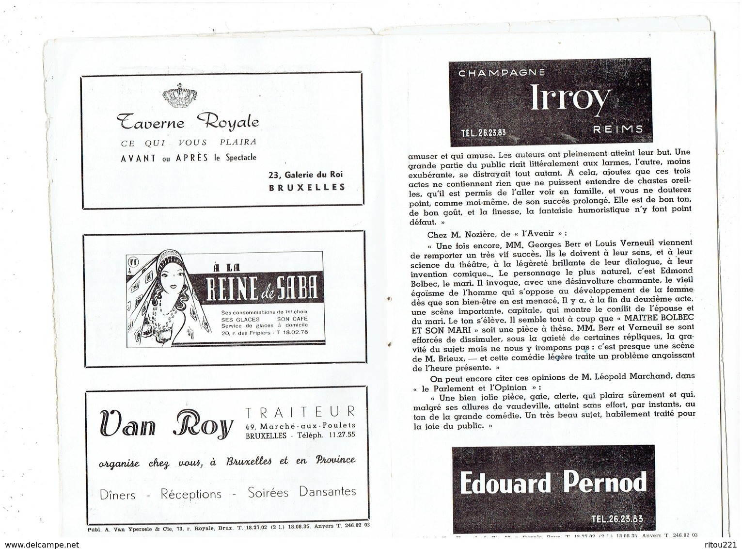 Livret THEATRE ROYAL DES GALERIES Bruxelles SATURNIN FABRE saison 1949-50 programme - cigarettes Tigra