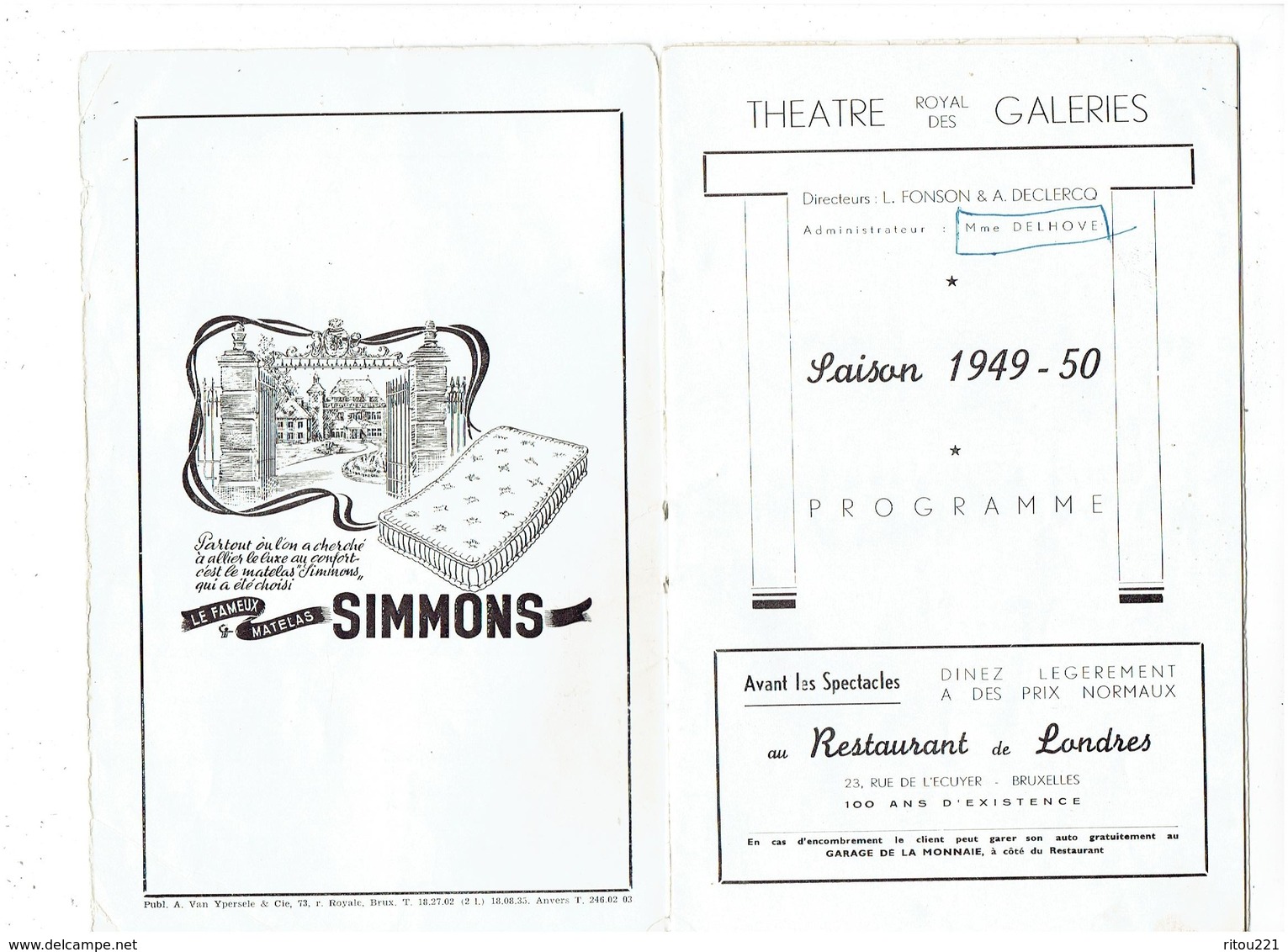 Livret THEATRE ROYAL DES GALERIES Bruxelles SATURNIN FABRE saison 1949-50 programme - cigarettes Tigra