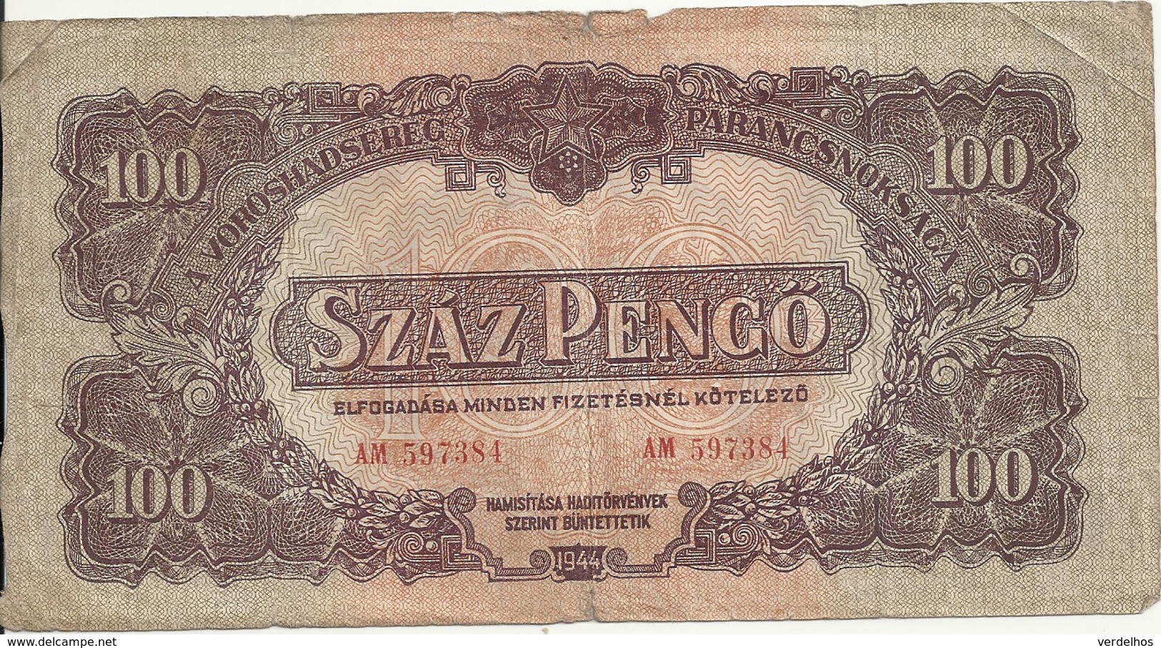 HONGRIE 100 PENGO 1944 VG+ P M8 - Hongrie
