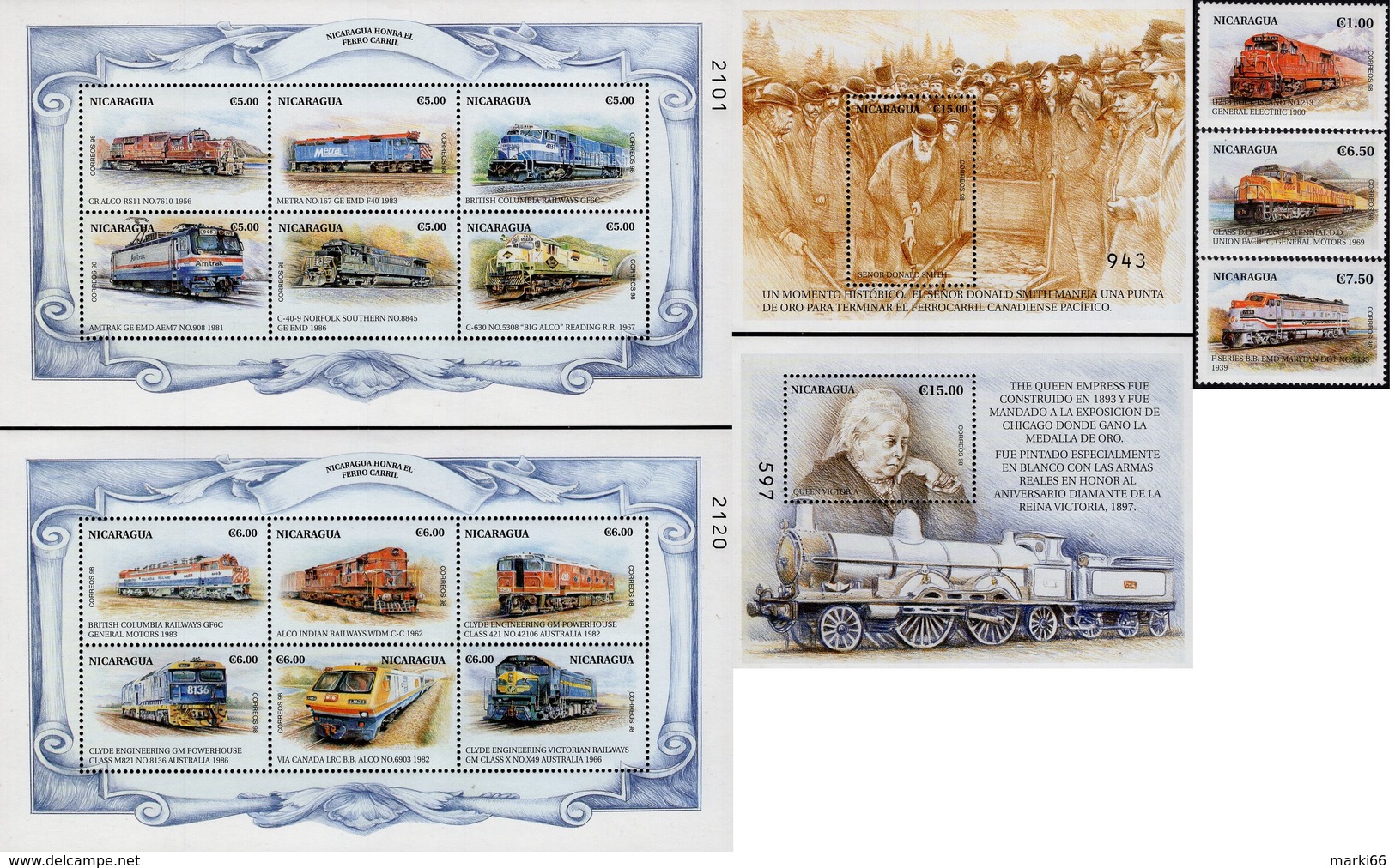 Nicaragua - 1998 - Nicaragua Honours The Railway - Mint Stamp Set + 2 Sheetlets + 2 Souvenir Sheets - Nicaragua