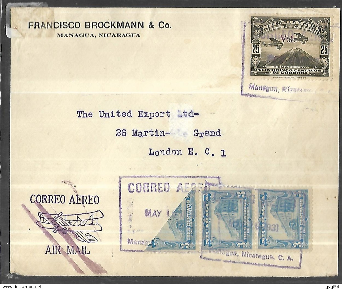 Nicaragua Lettre Par Avion Du 01 Mai 1931   De Managua  Pour Londres - Nicaragua