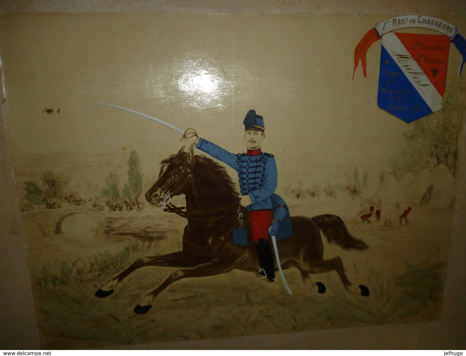 IMAGE COLLEE SUR CARTON. CAVALIER A CHEVAL 1er REGIMENT CHASSEURS 2ème Escadron 2ème PELOTON . CLASSE 1901 - Uniformes