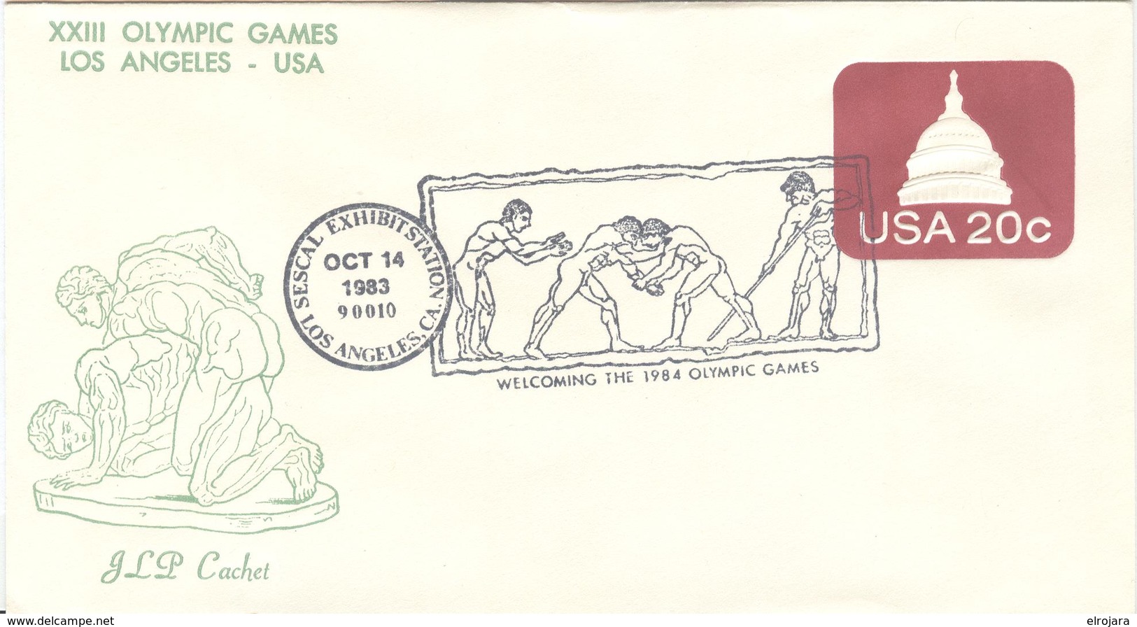 USA Olympic JLP Stationery Cover Ancient Wrestlers With Cancel Sescal Exhibition Station Los Angeles With Wrestling - Summer 1984: Los Angeles