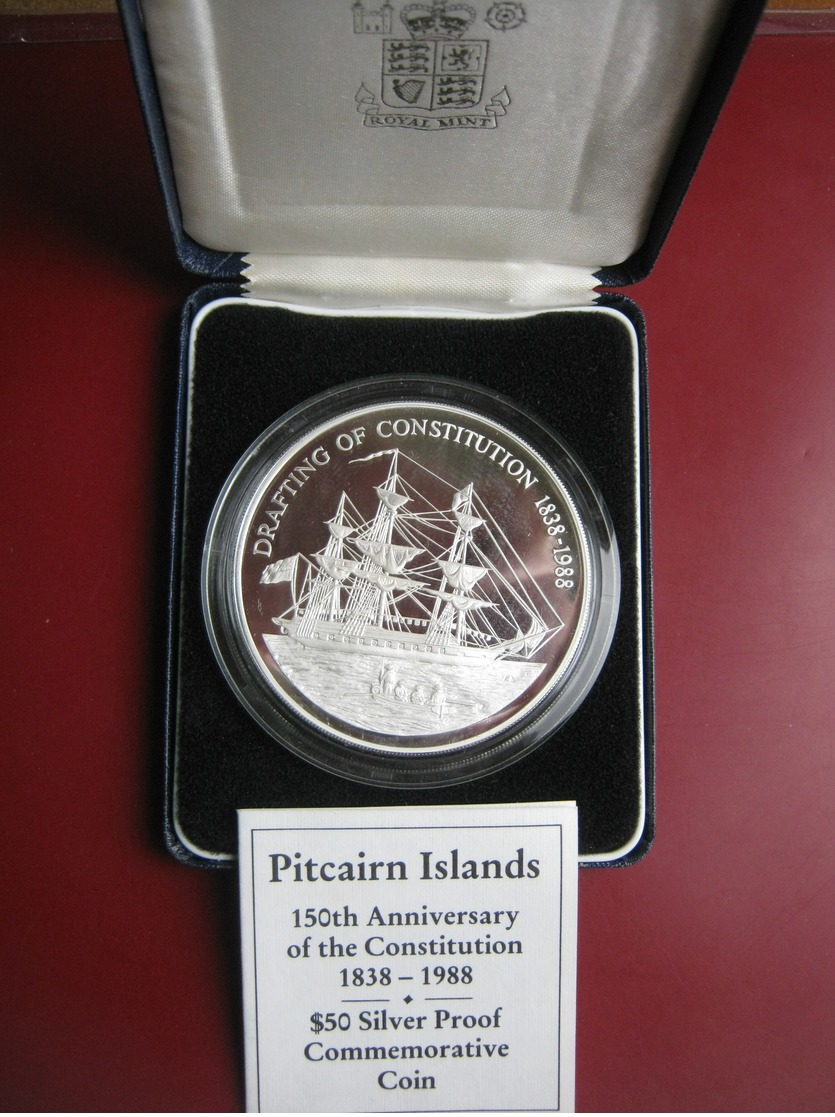 Pitcairn Islands 1988 Silver Proof $50 5 Oz Coin Constitution 150th Anniversary COA Card Cased - Islas Pitcaim