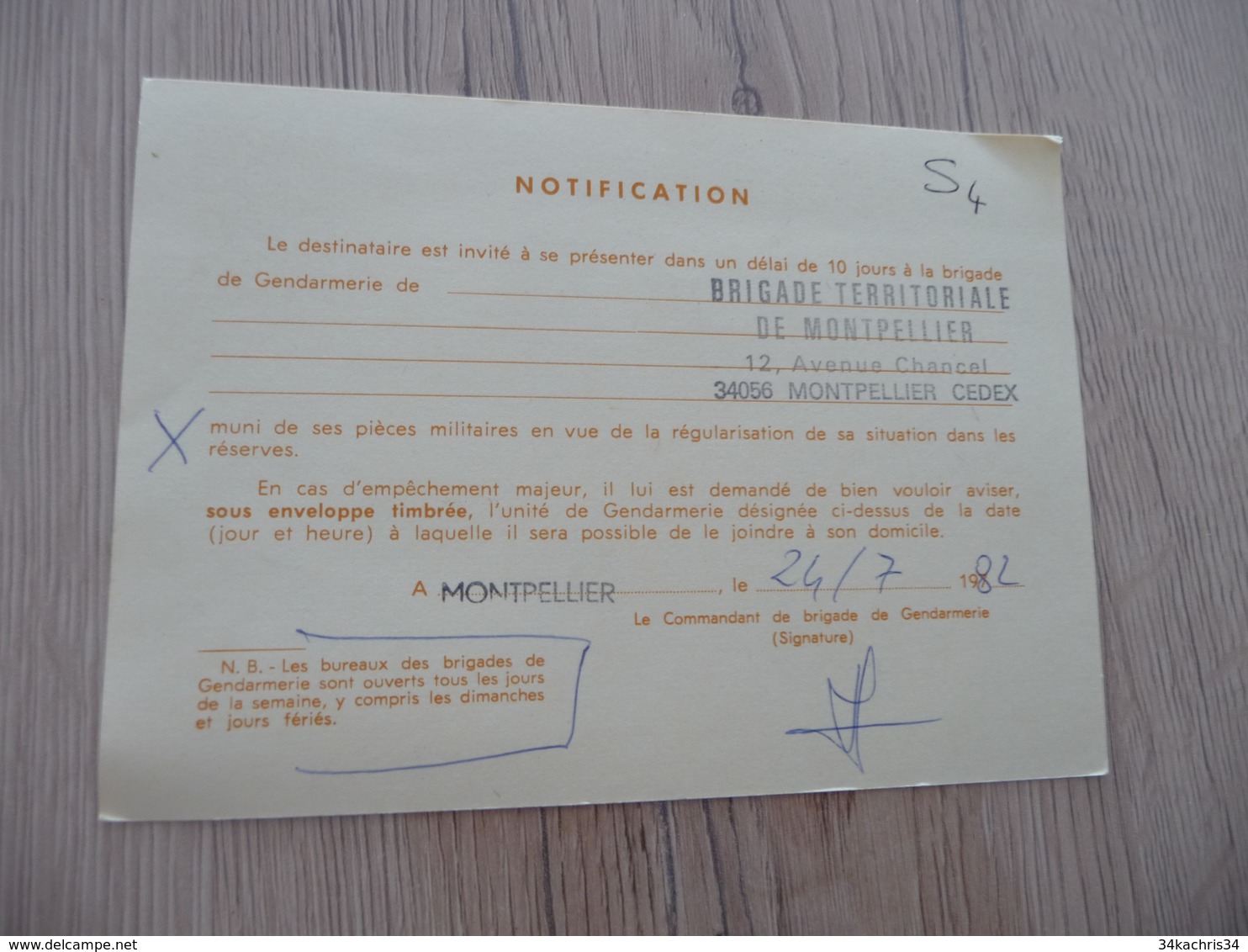 Lettre France Service Militaire  CPFM Care De Franchise Miliaire Gendarmerie Montpellier 1982 - Lettres & Documents