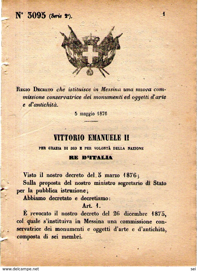 B 2519  -  Regio Decreto, Monumenti Messina, 1876 - Decreti & Leggi