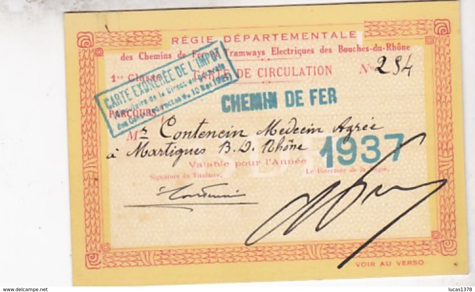 1937 / CARTE DE CIRCULATION CHEMINS DE FER ET TRAMWAYS BOUCHES DU RHONE - Europe