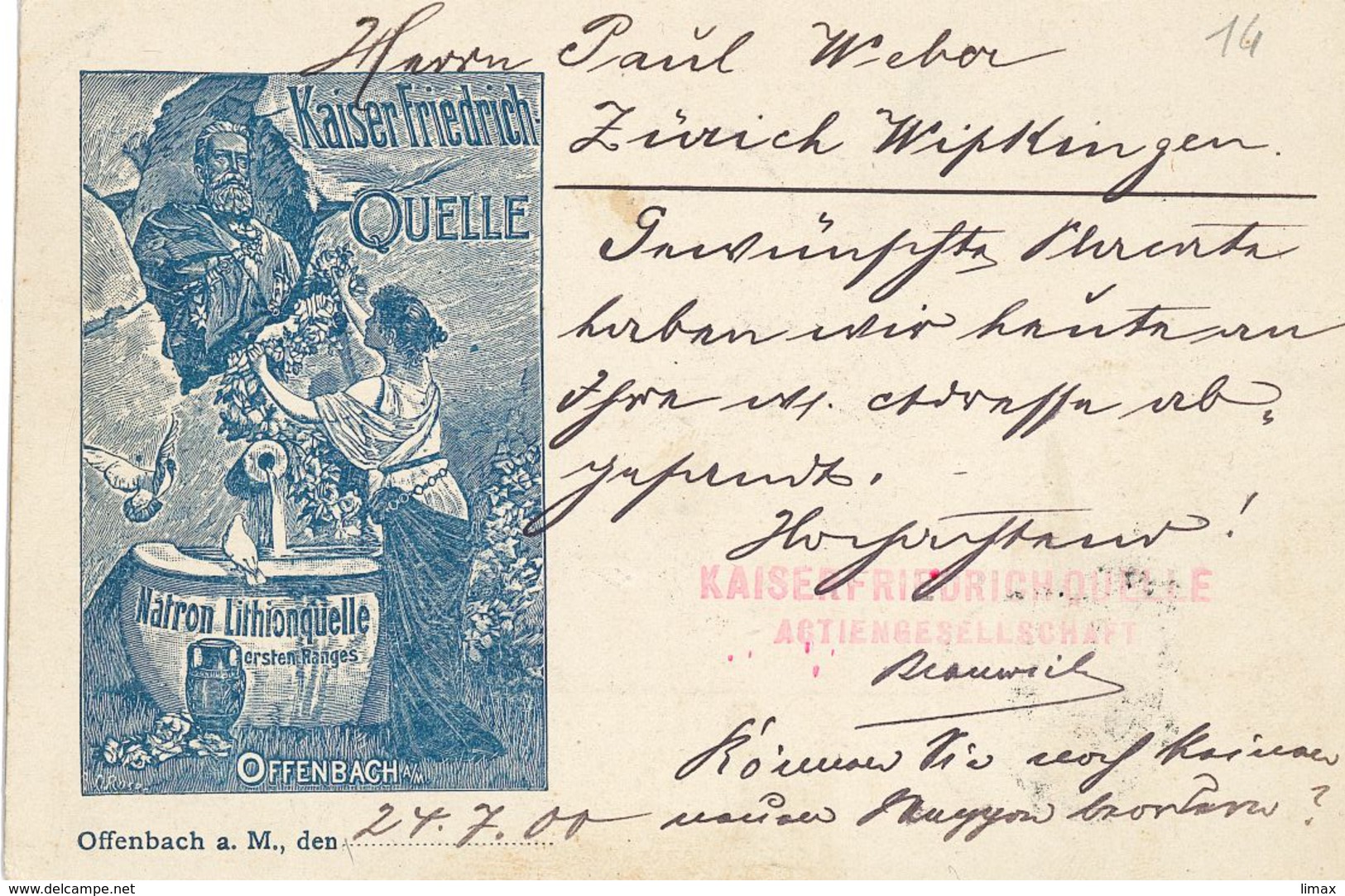 Offenbach Postkarte Nach Zürich 1900 Kaiser Friedrich Quelle Natron Lithion - Briefe U. Dokumente