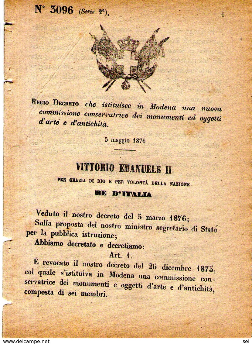 B 2520  -  Regio Decreto, Monumenti Modena, 1876 - Decreti & Leggi