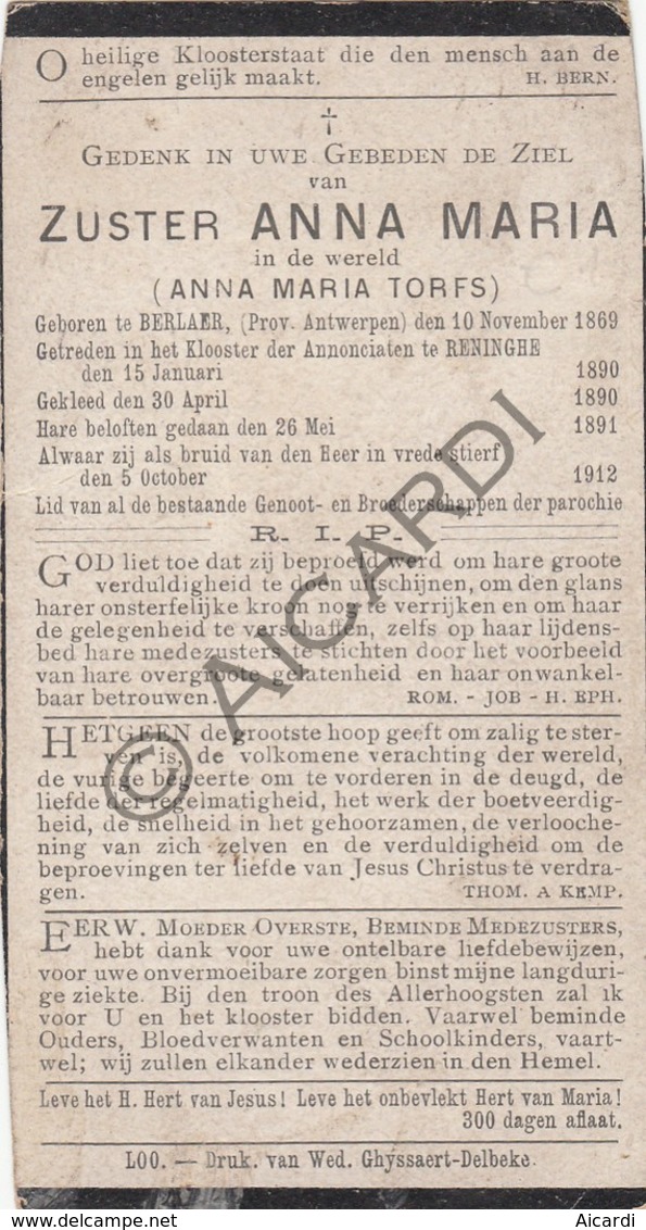 Doodsprentje Zuster/Soeur Anna Maria Torfs °1869 Berlaar †1912 Reninge (B225) - Obituary Notices