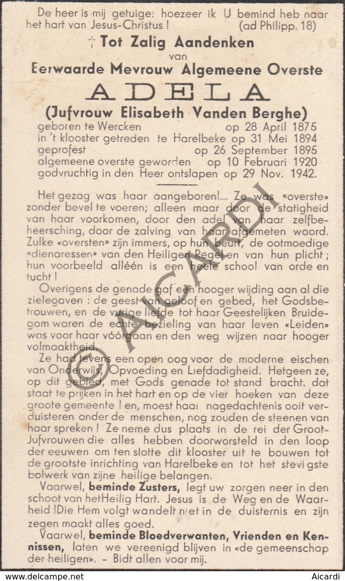 Doodsprentje Zuster/Soeur Adela /Elisabeth Vanden Berghe °1875 Werken †1942 Harelbeke (B192) - Obituary Notices