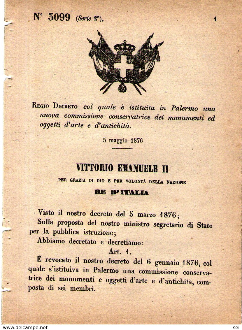 B 2523  -  Regio Decreto, Monumenti Palermo, 1876 - Decreti & Leggi