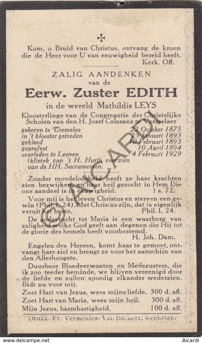 Doodsprentje Zuster/Soeur Edith / Mathildis Leys °1875 Tremelo †1929 Leuven   (B216) - Obituary Notices