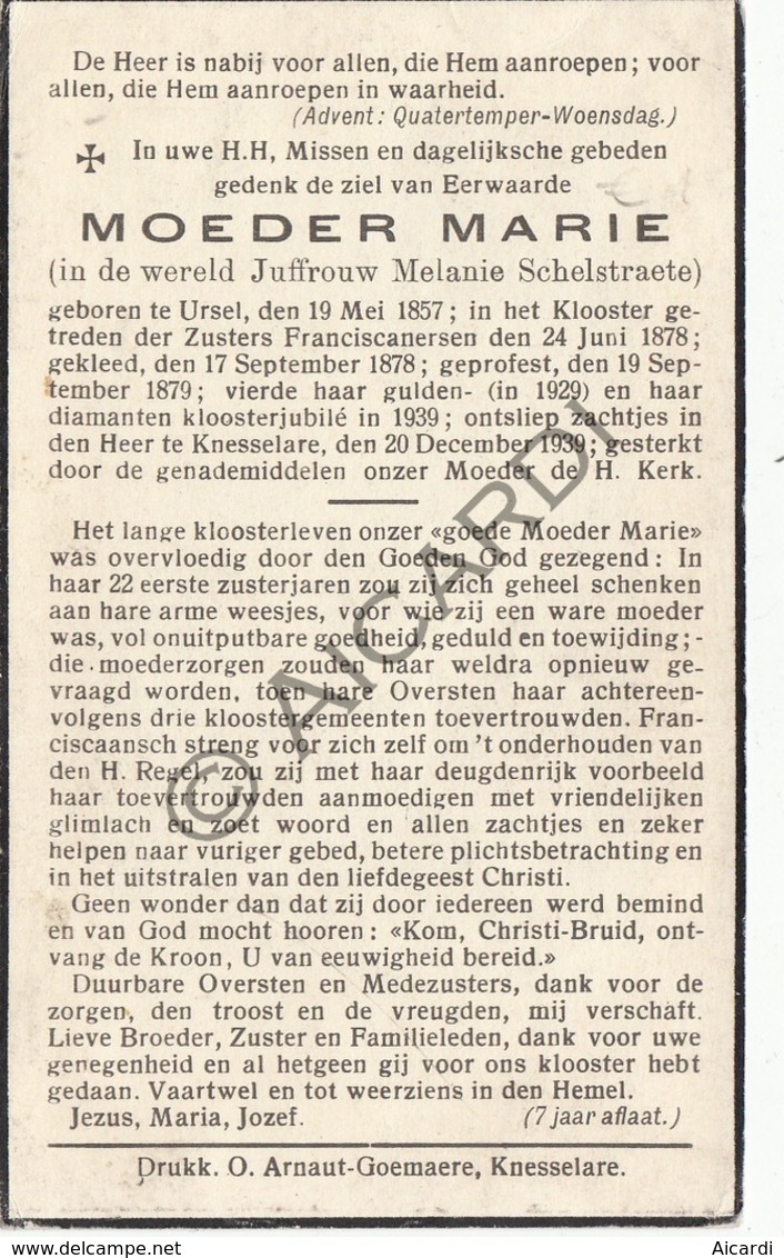 Doodsprentje Zuster/Soeur Marie / Melanie Schelstraete °1857 Ursel/Aalter †1939 Knesselare   (B213) - Esquela